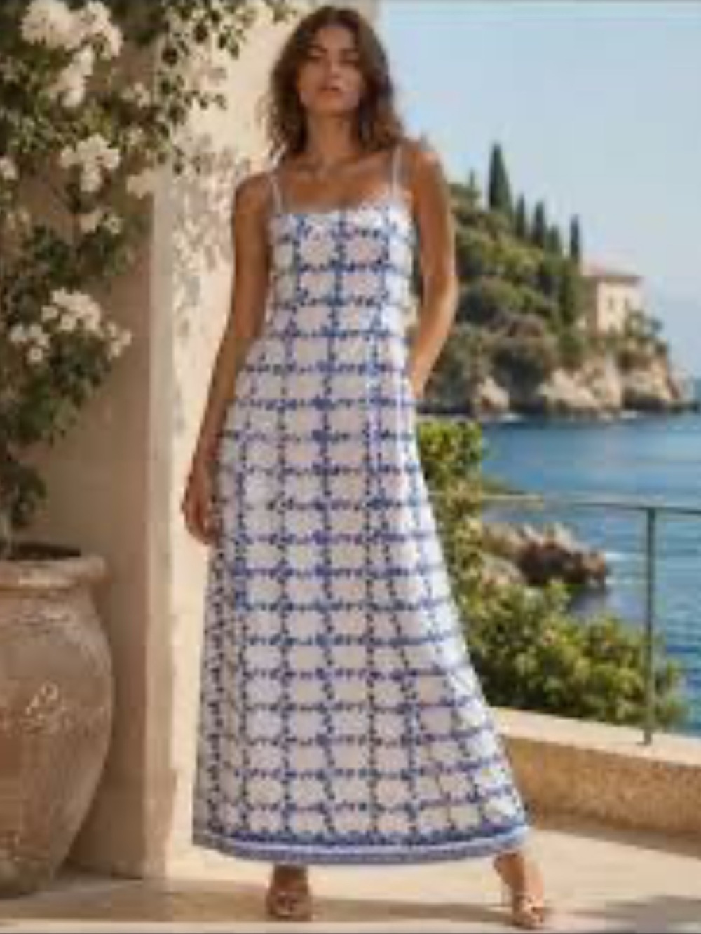 Max Studio White Maxi Dress with Blue Floral Tile Print